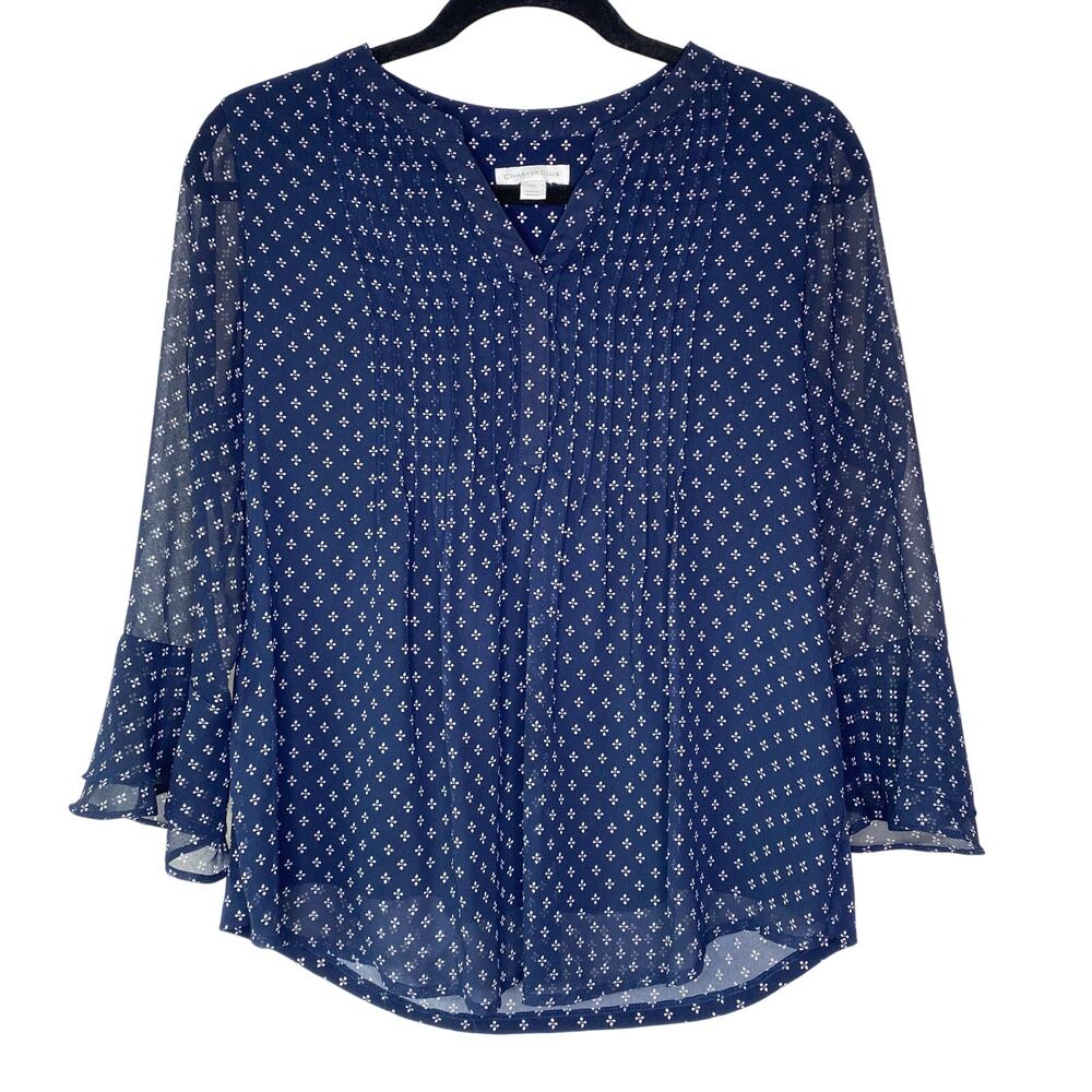 Charter Club Blue Floral Print Blouse Size Petite Medium